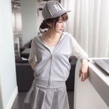 Korean Cute Zip Hooded Blouse with Lace Details + Mini Skirt (Color: Please Select Color, Size: One Size)