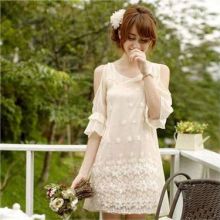 Korean Lotus Sleeve Chiffon Strapless Dress (Color: Pink, Size: One Size)