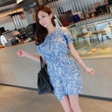 Korean Flower Printed Denim Skirt (Color: Blue, Size: One Size)