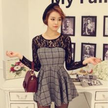 Korean Lace Stitching Houndstooth Dress (Color: Black, Size: One Size)