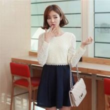 Korean Lace Sleeve Stitching Umbrella Dresses (Color: White, Size: Please Select Size)