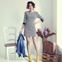 Korean Checkered Sleeve Dress (Color: Black and White Grid, Size: Please Select Size)