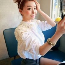 Korean Shoulder Big Flower Stitching Shirt (Color: White, Size: Please Select Size)