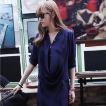 Korean Sleeve Shirt Dress (Color: Blue, Size: One Size)
