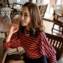 Korean Stripes Lantern Sleeve Tops (Color: Please Select Color, Size: One Size)