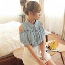 Korean Lapel Solid Color Strapless Chiffon Shirt (Color: Blue, Size: One Size)